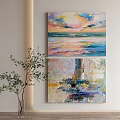 Two Colorful Abstract Paintings With Textured Surfaces Ocean Sunset Themes For Home Wall Art