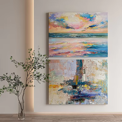 Two Colorful Abstract Paintings With Textured Surfaces Ocean Sunset Themes For Home Wall Art 3d model