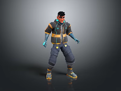 Futuristic Human Character In Cyberpunk Jacket Blue Gloves Dark Pants And Yellow Sole Shoes 3d model