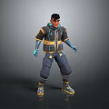 Futuristic Human Character In Cyberpunk Jacket Blue Gloves Dark Pants And Yellow Sole Shoes
