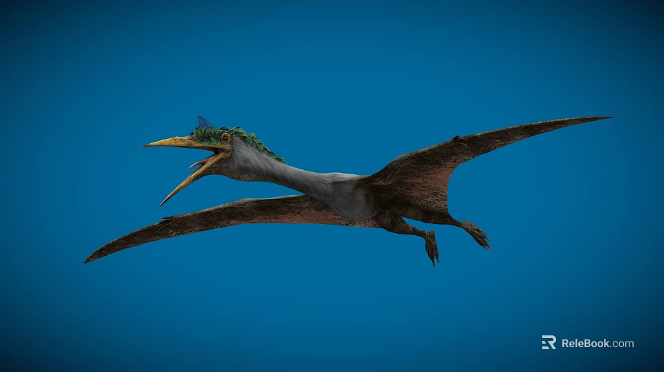 Prehistoric Flying Animal With Green Head Open Beak And Large Wings Flying In Blue Sky 3d model 