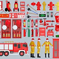 Comprehensive Fire Safety Equipment Collection With Extinguishers Hydrants Axes Hoses Fire Truck And Uniforms