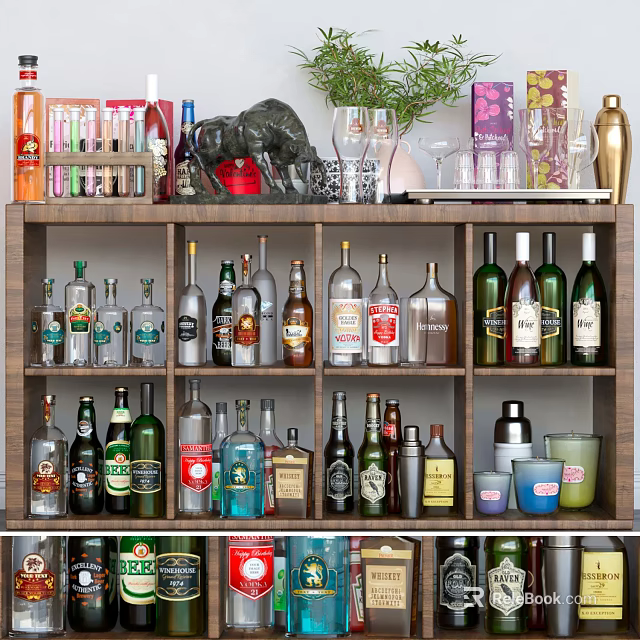 Wine Bottles and Glasses Assorted Collection on Wooden Display Shelf Arranged Neatly 3d model 