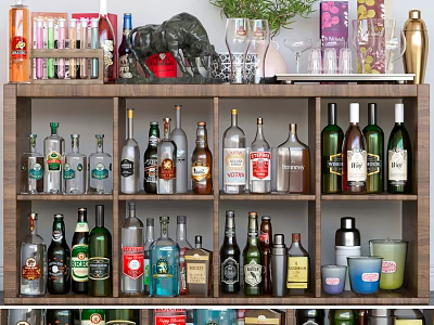 Wine Bottles and Glasses Assorted Collection on Wooden Display Shelf Arranged Neatly 3d model