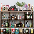 Wine Bottles and Glasses Assorted Collection on Wooden Display Shelf Arranged Neatly