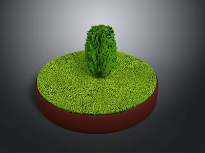 Decorative Garden Scene With Green Lawn And Central Cone Trimmed Shrub On Round Red Base 3d model