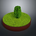 Decorative Garden Scene With Green Lawn And Central Cone Trimmed Shrub On Round Red Base