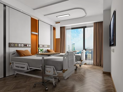 Well Equipped Hospital Outpatient Clinic With Two Beds White Orange Walls And TV 3d model