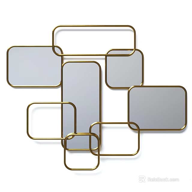 Interconnected Square And Rectangular Gold Frame Mirrors As Artistic Wall Decor 3d model 