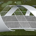 Modern Landscape Sculpture with Curved White Structure Metal Railings and Wooden Platform Illuminated Lights