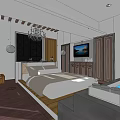 Modern Hotel Guest Room With Chandelier Bathtub Large Windows And Green Grass View
