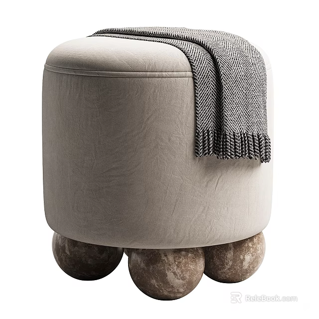 Modern Light Gray Upholstered Stool with Draped Gray Blanket and Round Legs 3d model
