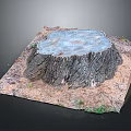 Natural Wooden Tree Stump Cross Section on Square Stone Base with Soil and Grass