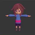 3D Animated Character With Reddish Brown Hair Purple Eyes Blue Sweater And Outstretched Arms