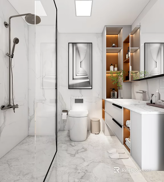 Modern Bathroom Interior With Marble Walls Shower Area Toilet Vanity Mirror Shelves And Green Plant 3d model 