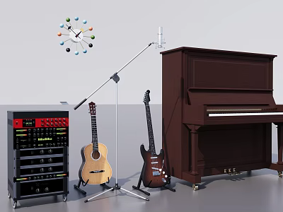 Musical Instruments Setup With Brown Piano Acoustic Electric Guitars Audio Mixer And Microphone Stand 3d model