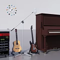 Musical Instruments Setup With Brown Piano Acoustic Electric Guitars Audio Mixer And Microphone Stand