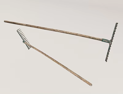 Two Garden Hardware Tools With Wooden Handles And Metal Rake Fork Heads 3d model