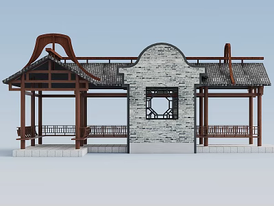 Chinese Traditional Pavilion With Wooden Structure Upturned Eaves Roof And Circular Brick Window 3d model