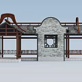 Chinese Traditional Pavilion With Wooden Structure Upturned Eaves Roof And Circular Brick Window