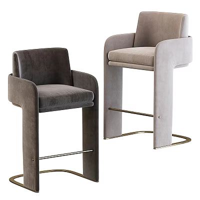 Two Modern Velvet Bar Stools In Gray And Beige With Metal Base And Armrests 3d model
