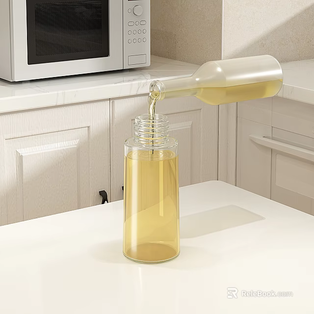 Kitchen With White Cabinets Microwave And Glass Bottles Pouring Oil On Countertop 3d model 