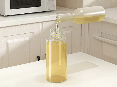 Kitchen With White Cabinets Microwave And Glass Bottles Pouring Oil On Countertop 3d model