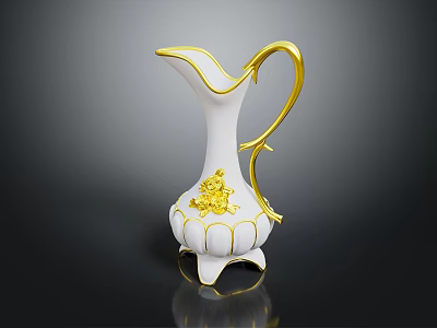 White Decorative Pitcher With Gold Accents Flower Pattern And Petal Shaped Base 3d model