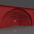 Red Decorative Feature Wall with Layered Wavy Curves and Central Logo 3d model
