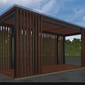 Modern Outdoor Pergola With Wooden Slat Structure Blue Canopy And Green Trees