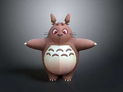 Cute Brown Totoro 3D Model With White Belly Big Ears Red Eyes And Open Arms 3d model