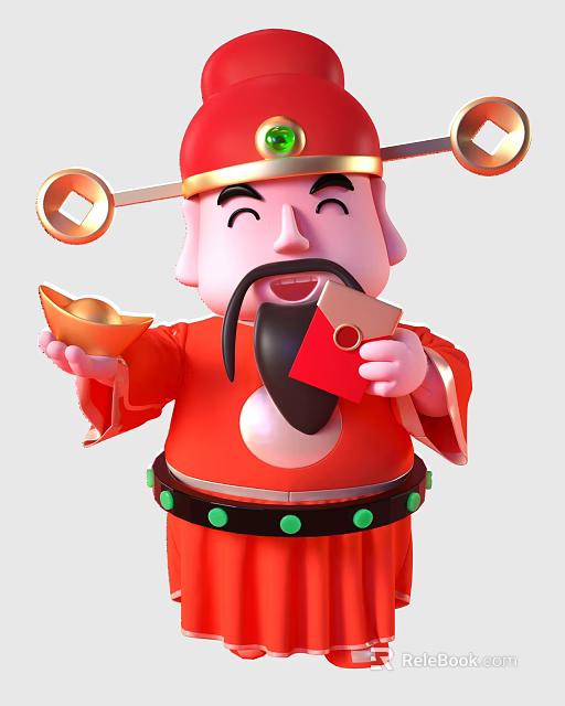 Smiling Cartoon God Sculpture With Red Outfit Gold Ingot And Red Envelope 3d model 