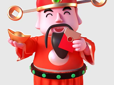 Smiling Cartoon God Sculpture With Red Outfit Gold Ingot And Red Envelope 3d model