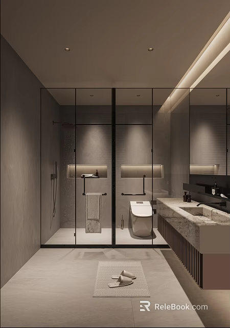 Modern Bathroom Interior Design With Glass Shower Marble Vanity Large Mirror And Recessed Lighting 3d model 