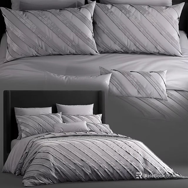 Modern Double Bed With Striped Bedding Pillows And Comfortable Setup 3d model 