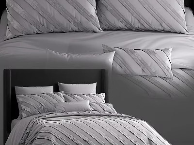 Modern Double Bed With Striped Bedding Pillows And Comfortable Setup 3d model