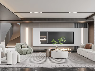 Modern Living Room Interior With White Sofa Green Accent Chair TV Wall And Fireplace 3d model