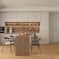 Modern Wooden Dining Table Set With Chairs White Cabinets Warm Lighting And Green Plant
