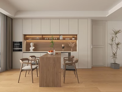 Modern Wooden Dining Table Set With Chairs White Cabinets Warm Lighting And Green Plant 3d model