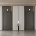 Contemporary Elevators Labeled A and B Featuring Gray Doors White Walls and Tiled Floor 3d model