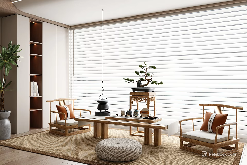 Traditional Chinese Tea Room Interior With Wooden Seats Bonsai And Rattan Rug 3d model 