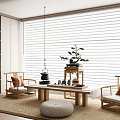 Traditional Chinese Tea Room Interior With Wooden Seats Bonsai And Rattan Rug