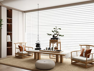 Traditional Chinese Tea Room Interior With Wooden Seats Bonsai And Rattan Rug 3d model