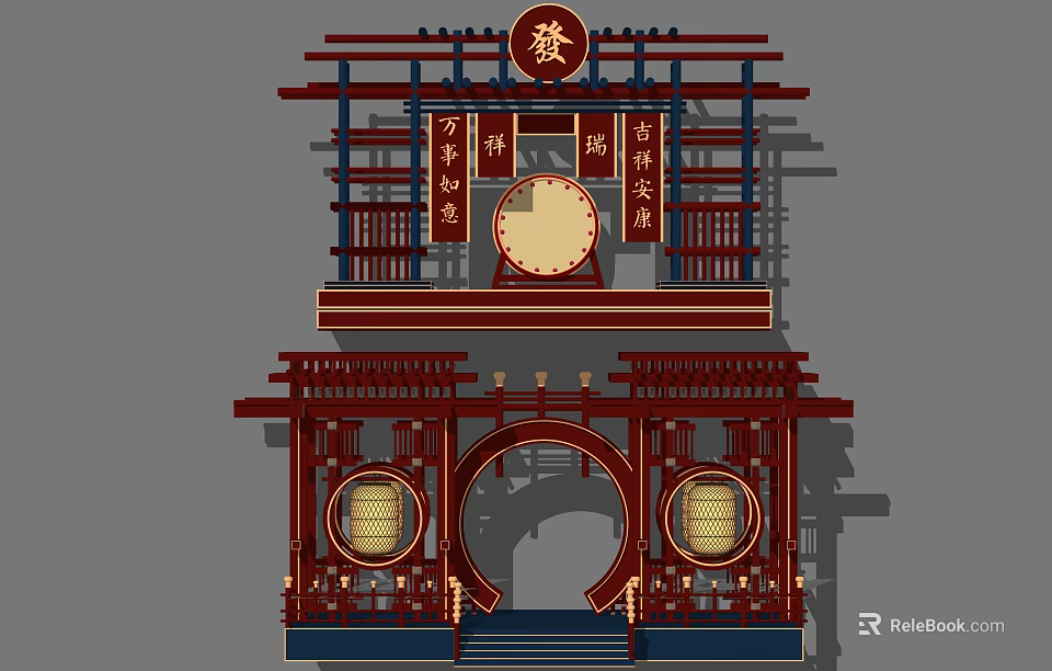 Traditional Chinese Architecture Photo Spot With Red Wooden Structure Placards Round Decorations And Steps 3d model 