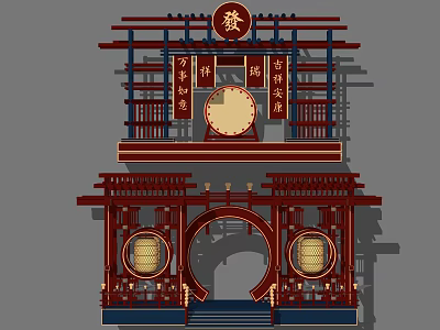 Traditional Chinese Architecture Photo Spot With Red Wooden Structure Placards Round Decorations And Steps 3d model