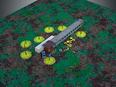 Outdoor Scene Featuring Long Structure Yellow Circular Markers Parked Vehicles On Green Brown Terrain 3d model