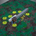 Outdoor Scene Featuring Long Structure Yellow Circular Markers Parked Vehicles On Green Brown Terrain