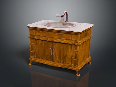 Traditional Wooden Bathroom Vanity With Marble Countertop Round Sink And Faucet 3d model