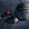 Detailed Explorer Spacecraft Model With Spherical Module Long Cylindrical Structures And Orange Thrusters
