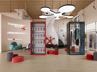 Front Desk Reception Area With Modern Interior Wooden Ceiling Pendant Lights Red Cabinets And Green Chair 3d model